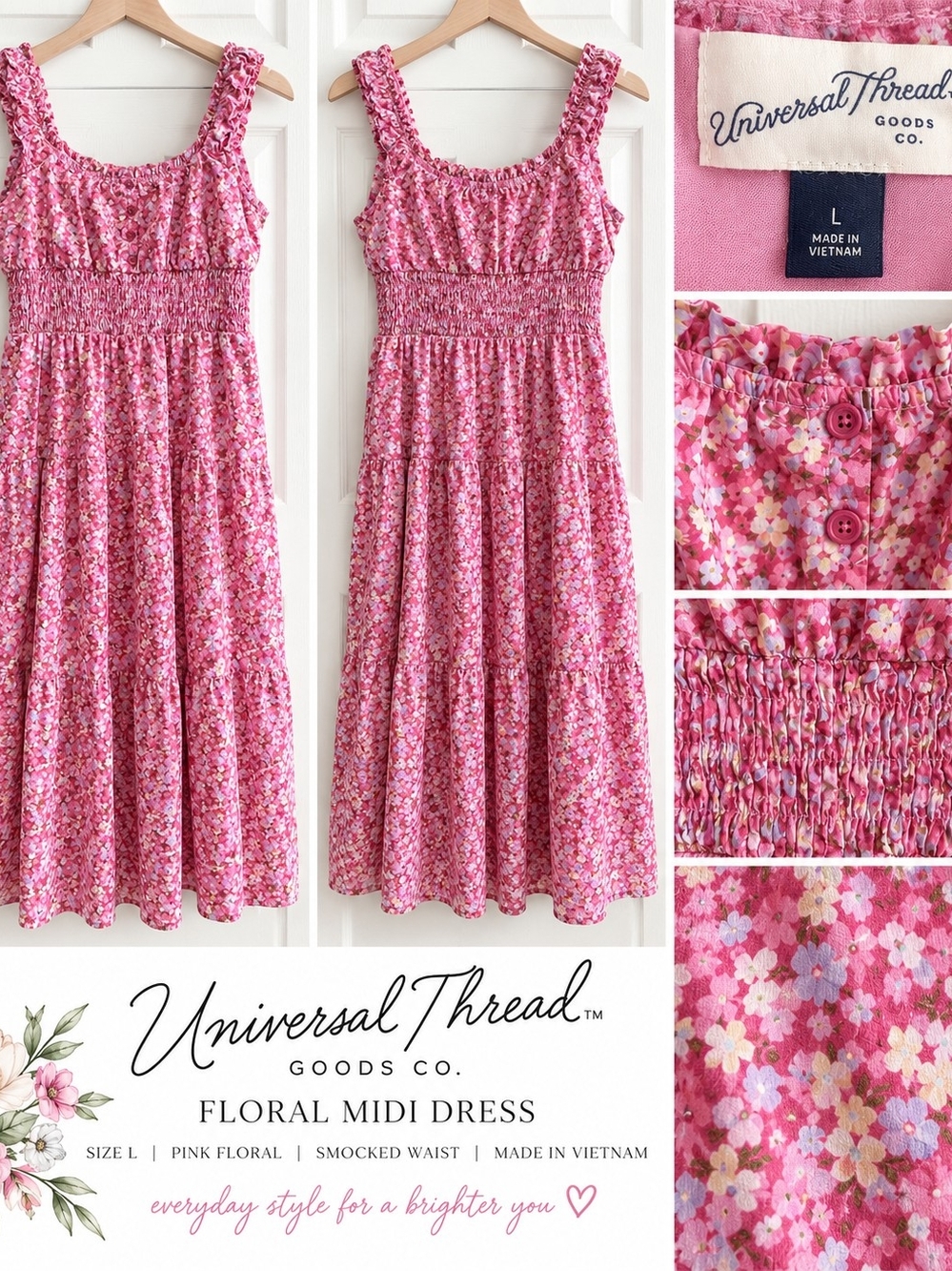 Universal Thread Pink Floral Smocked Waist Midi Dress Size L